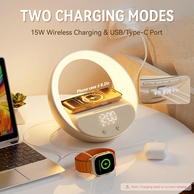 Alt view image 5 of 7 - Bluetooth Speaker Wireless Charging Dimmable Night Light, Portable Speaker 15W Wireless Charger for iPhone 12-17Series, 5.3 Bluetooth, 7 White Noise, 3 Timer, Snooze, 10W Speaker, Home Bedroom Office