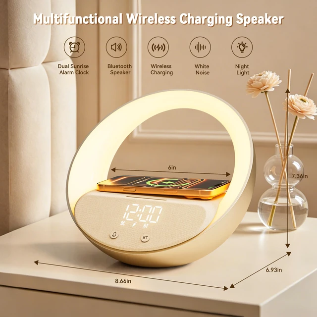 Alt view image 6 of 7 - Bluetooth Speaker Wireless Charging Dimmable Night Light, Portable Speaker 15W Wireless Charger for iPhone 12-17Series, 5.3 Bluetooth, 7 White Noise, 3 Timer, Snooze, 10W Speaker, Home Bedroom Office