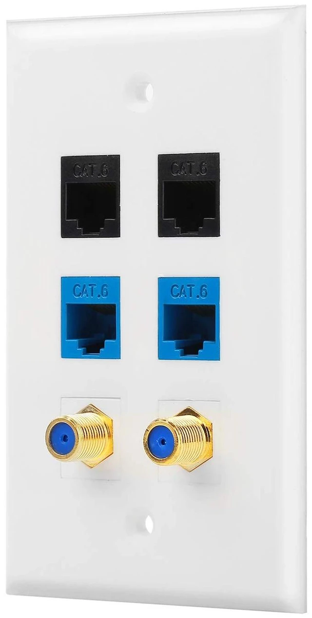 Main image of 2 Port Gold-Plated Coaxial TV Cable F Type + 4 Port Cat6 Ethernet Female to Female Jack Wall Plate in White