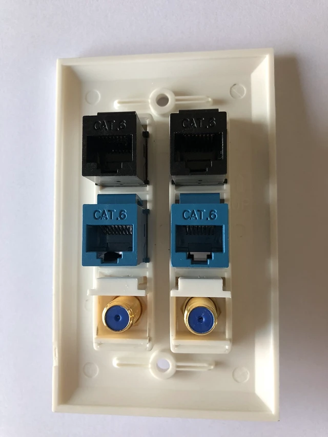 Alt view image 2 of 2 - 2 Port Gold-Plated Coaxial TV Cable F Type + 4 Port Cat6 Ethernet Female to Female Jack Wall Plate in White