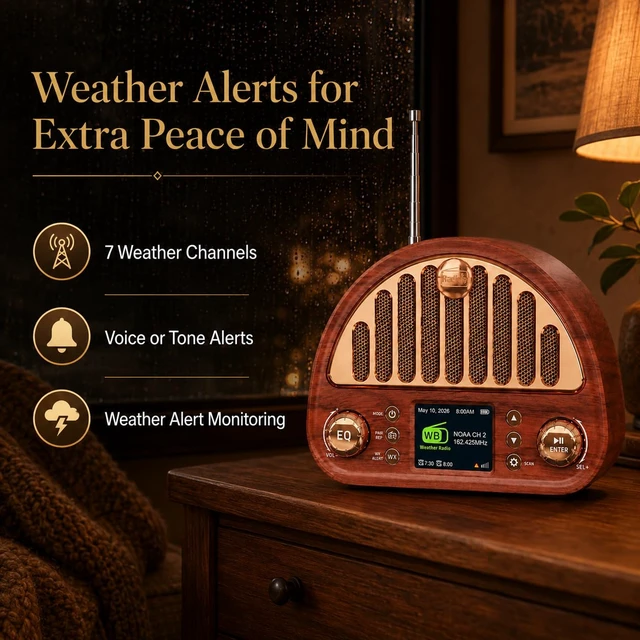 Alt view image 5 of 7 - Vintage FM Radio with NOAA Weather Alert, Bluetooth Clock Radio Rechargeable Tabletop Design for Bedroom and Home, 2" Color Display, Dual Alarm, microSD, AUX, 40 FM + 7 Weather Presets