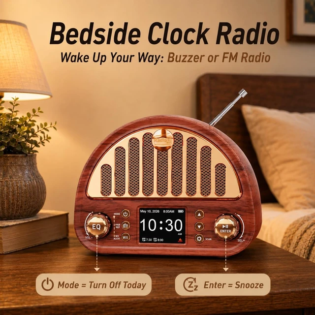 Alt view image 6 of 7 - Vintage FM Radio with NOAA Weather Alert, Bluetooth Clock Radio Rechargeable Tabletop Design for Bedroom and Home, 2" Color Display, Dual Alarm, microSD, AUX, 40 FM + 7 Weather Presets
