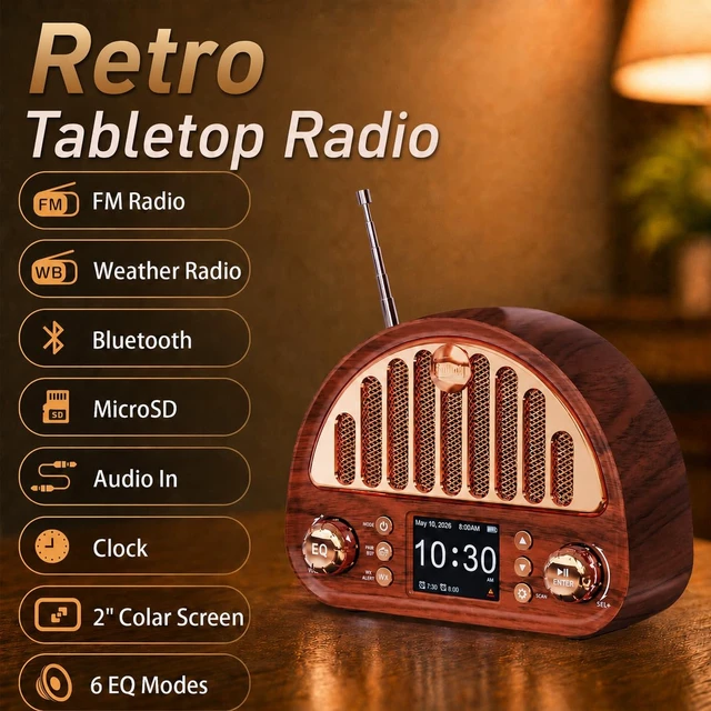 Alt view image 2 of 7 - Vintage FM Radio with NOAA Weather Alert, Bluetooth Clock Radio Rechargeable Tabletop Design for Bedroom and Home, 2" Color Display, Dual Alarm, microSD, AUX, 40 FM + 7 Weather Presets