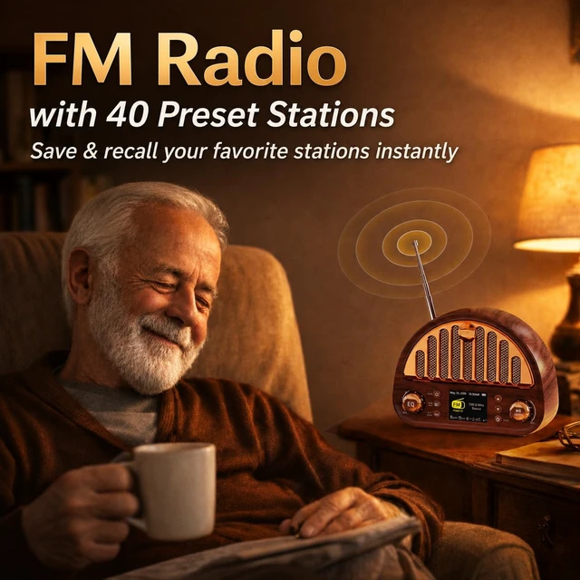 Alt view image 4 of 7 - Vintage FM Radio with NOAA Weather Alert, Bluetooth Clock Radio Rechargeable Tabletop Design for Bedroom and Home, 2" Color Display, Dual Alarm, microSD, AUX, 40 FM + 7 Weather Presets