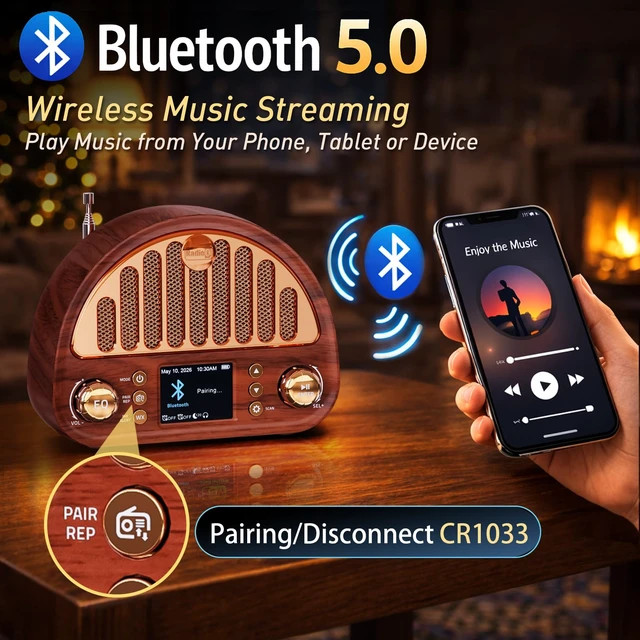 Alt view image 7 of 7 - Vintage FM Radio with NOAA Weather Alert, Bluetooth Clock Radio Rechargeable Tabletop Design for Bedroom and Home, 2" Color Display, Dual Alarm, microSD, AUX, 40 FM + 7 Weather Presets