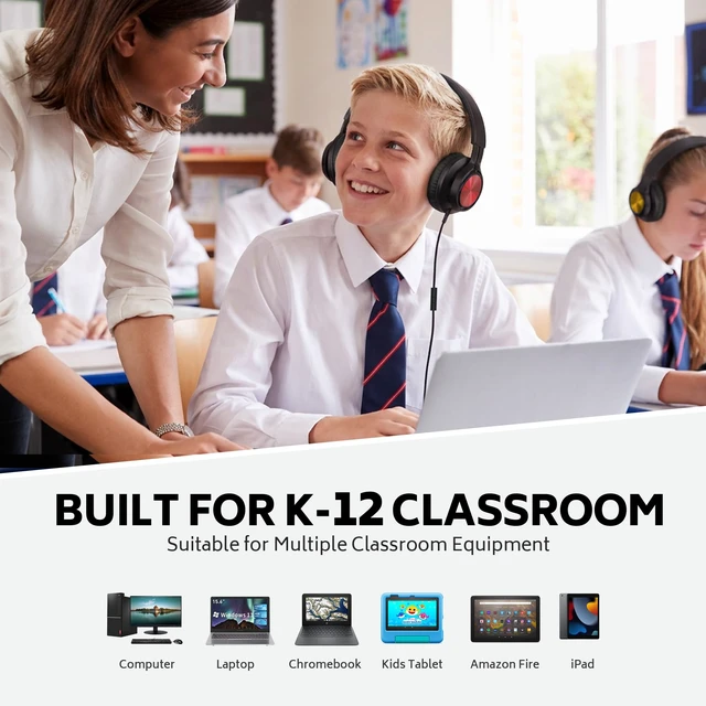 Alt view image 4 of 7 - Kids Headphones with Microphone, School Headphones for K-12 Student Over-Ear Headset for Classroom, Online Learning, Travel, Chromebook, Laptop & Tablet