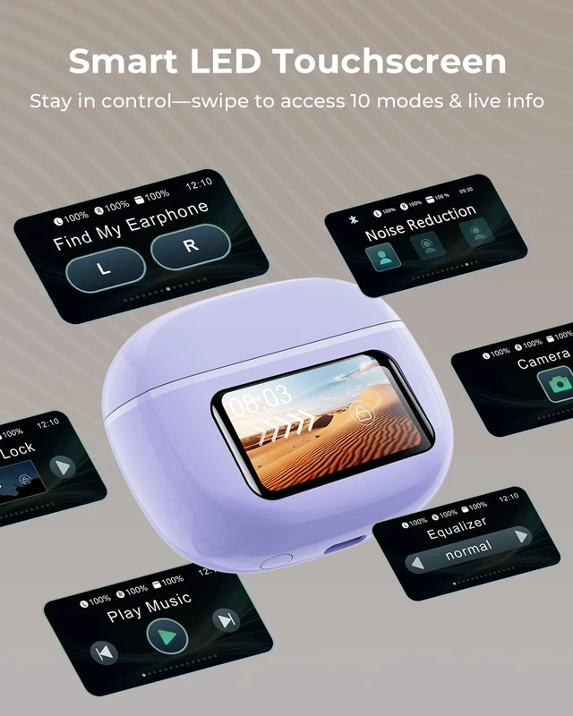 Alt view image 2 of 7 - Wireless Earbuds with Smart Touchscreen Case, Bluetooth 6.0 Ear Buds with AI Noise Cancelling Calls, 40H Playtime Stereo Headphones, IPX7 Waterproof Earbuds for Workout, Travel, iPhone,Android,Purple