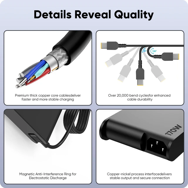 Alt view image 6 of 7 - 170W Laptop Charger for Lenovo Legion Slim 5 5i ThinkPad P1 P16 P70 P71 P72 P73 P51 P52 IdeaPad Pro 5 5i Yoga Pro 9i Lenovo LOQ ADL170SCC3A 4X20S56697 ADL170SDC3A ADL170SLC3A 20V 8.5A AC Adapter Cord