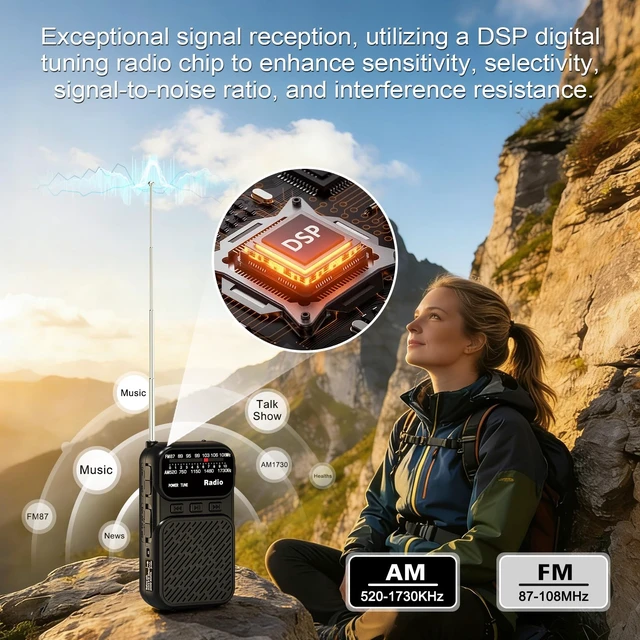 Alt view image 2 of 7 - Portable Radio AM FM, Battery Operated Pocket Radio for Gift, Elder Best Reception Transistor Small Radios, with Bluetooth/Flashlight/Headphone Jack, USB-C Rechargeable or 3AAA Battery