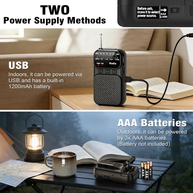 Alt view image 7 of 7 - Portable Radio AM FM, Battery Operated Pocket Radio for Gift, Elder Best Reception Transistor Small Radios, with Bluetooth/Flashlight/Headphone Jack, USB-C Rechargeable or 3AAA Battery