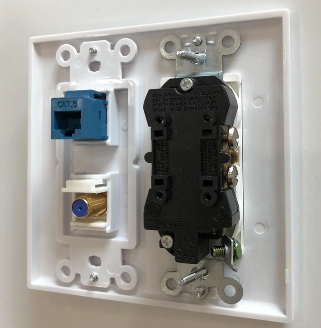 Alt view image 2 of 2 - 15A Power Outlet, 1 Port Cat6 Ethernet, 1 Port Coax Cable TV Gold-Plated F Type -Wall Plate in White