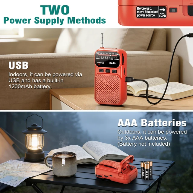Alt view image 7 of 7 - Portable Radio AM FM, Battery Operated Pocket Radio for Gift, Elder Best Reception Transistor Small Radios, with Bluetooth/Flashlight/Headphone Jack, USB-C Rechargeable or 3AAA Battery