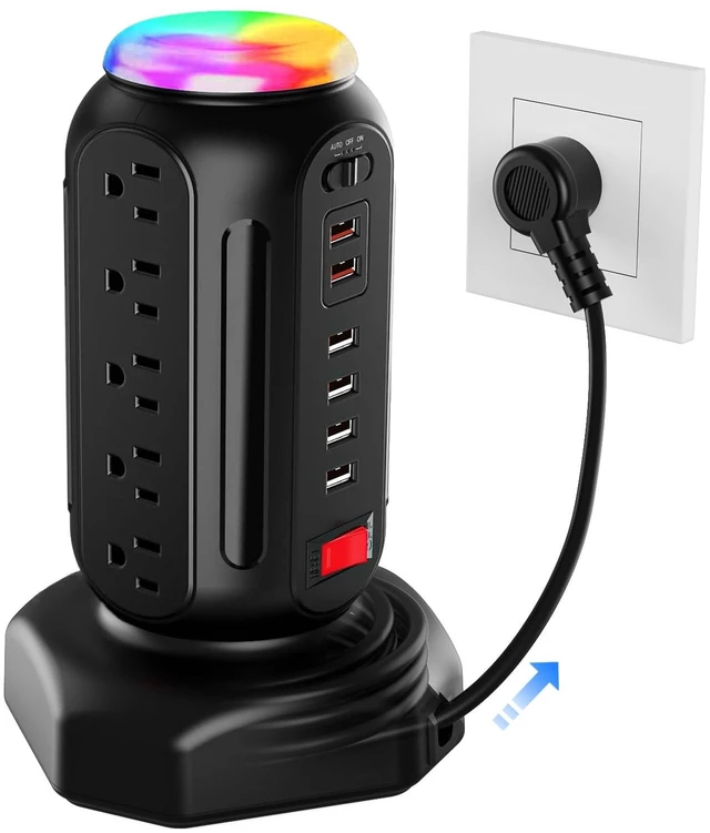 Main image of Multiple Outlets Power Strip Tower with Colorful Nightlight, 15 AC Outlets and 6 Fasting USB Ports, 6.5ft Extension Cord, 900J Surge Protector with Outlet Overload Protection for Home, Office (Black)