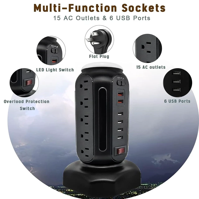 Alt view image 2 of 6 - Multiple Outlets Power Strip Tower with Colorful Nightlight, 15 AC Outlets and 6 Fasting USB Ports, 6.5ft Extension Cord, 900J Surge Protector with Outlet Overload Protection for Home, Office (Black)