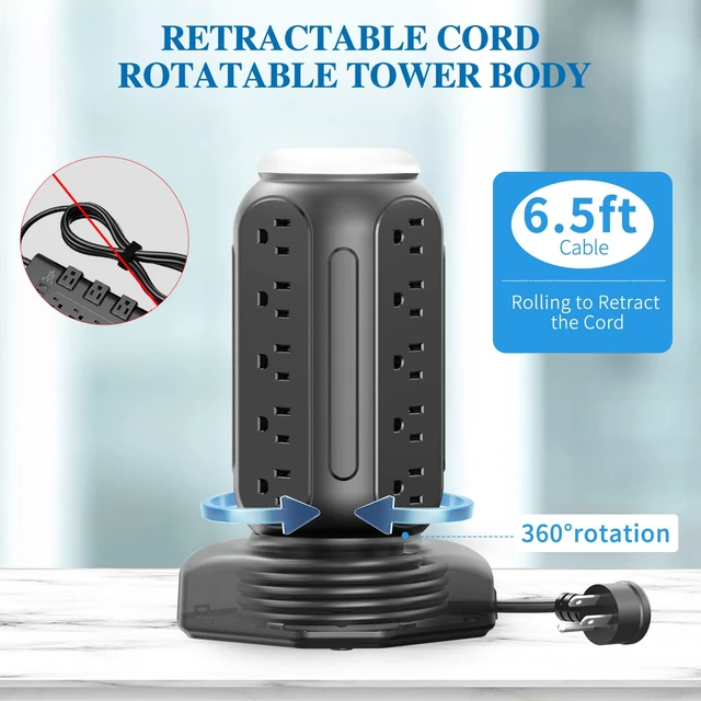 Alt view image 4 of 6 - Multiple Outlets Power Strip Tower with Colorful Nightlight, 15 AC Outlets and 6 Fasting USB Ports, 6.5ft Extension Cord, 900J Surge Protector with Outlet Overload Protection for Home, Office (Black)