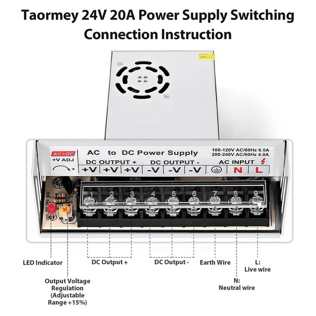 Alt view image 5 of 7 - 24V 20A Power Supply Adapter AC-DC Converter Regulated Transformer AC 110V/220V to DC 24V 20A 480W Universal Switching Power Adapter LED Driver for LED Strip/LED Display/CCTV/Computer Project