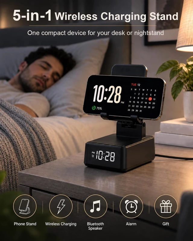 Alt view image 2 of 7 - Gifts for Men,Wireless Phone Charger Stand with Bluetooth Speaker & Alarm Nightstand Wireless iPhone Charging Station Phone Stand for Home Office Desk,Cool Tech Gadgets Birthday Gifts for Men Women
