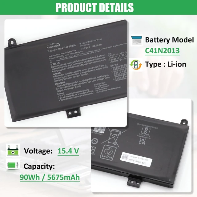 Alt view image 2 of 7 - C41N2013 C41N2013-1 Battery Replacement for Asus ROG Strix G15 G533 For G17 G733 Rog Strix Scar 15 G513 17 G713 Zephyrus M16 GU603 G15 GA503 S17 GX703 Series, 0B200-03880000 15.4V 90Wh