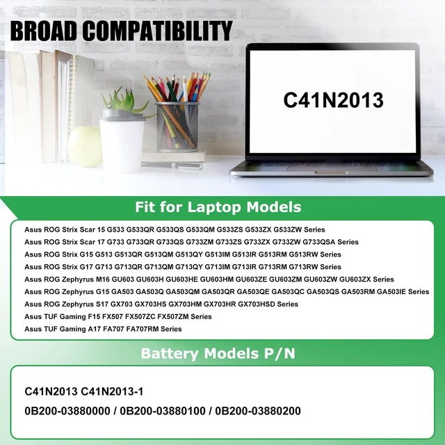 Alt view image 3 of 7 - C41N2013 C41N2013-1 Battery Replacement for Asus ROG Strix G15 G533 For G17 G733 Rog Strix Scar 15 G513 17 G713 Zephyrus M16 GU603 G15 GA503 S17 GX703 Series, 0B200-03880000 15.4V 90Wh