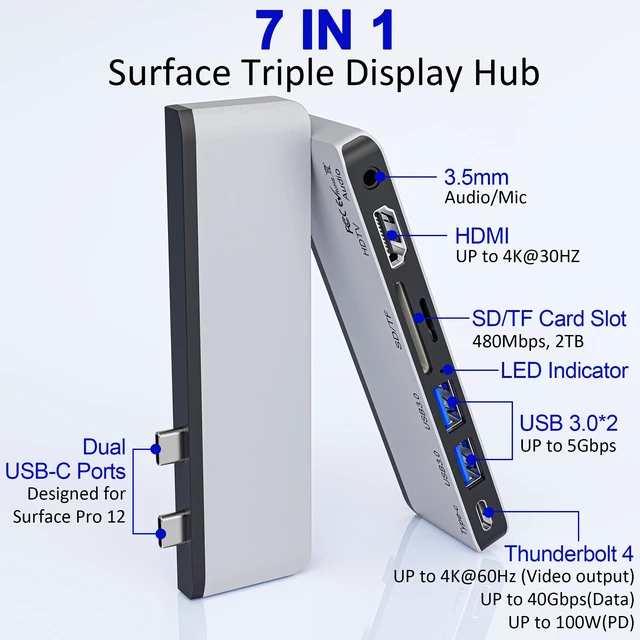 Alt view image 2 of 7 - Surface Pro 12 Docking Station, Surface Pro 12 Accessories with 4K HDMI, Thunerbolt 4 Hub (4K@60Hz Display+ 40Gbps Data+ 100W Charging), 2 USB3.0, SD/TF, 3.5mm Audio for Surface Pro 12 inch 2025