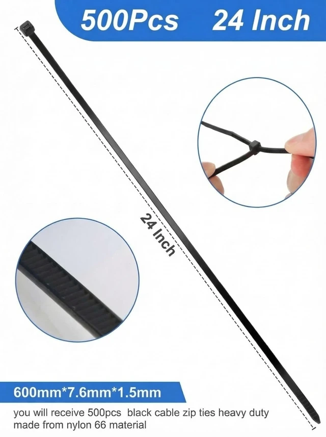 Alt view image 2 of 7 - 500 Pack Long Zip Ties Heavy Duty, Large Cable Ties, Black, 24 Inch Self-locking Tensile Strength Cable Ties Large Wire Ties for Cable Organizing, Garden, Home Organizing, Indoor Outdoor
