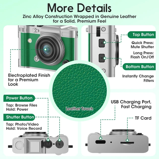 Alt view image 6 of 7 - Retro Mini Digital Camera Keychain, 2K HD, 16GB Card, Green Leather-Wrapped Zinc Alloy Body, 2MP Photos, Built-In Flash, 6 Color Filters, OTG Transfer, For Travel, Vlogging And Memories