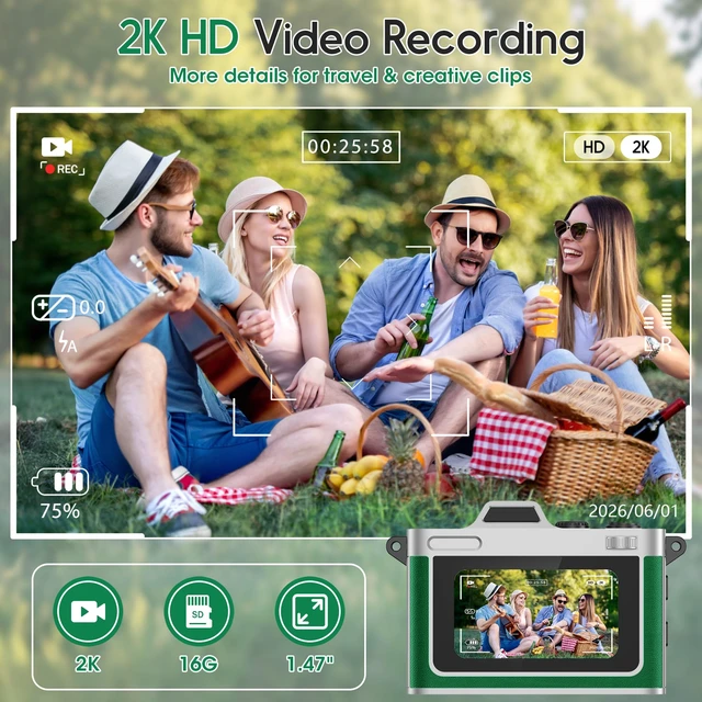Alt view image 3 of 7 - Retro Mini Digital Camera Keychain, 2K HD, 16GB Card, Green Leather-Wrapped Zinc Alloy Body, 2MP Photos, Built-In Flash, 6 Color Filters, OTG Transfer, For Travel, Vlogging And Memories