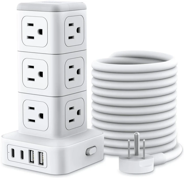 Main image of Power Strip Tower with USB C Ports, 1080 Joules Surge Protector Tower, 1625W / 13A Overload Protection, 15 ft Extension Cord with Multiple Outlets, Power Outlet Tower for Home Office Dorm
