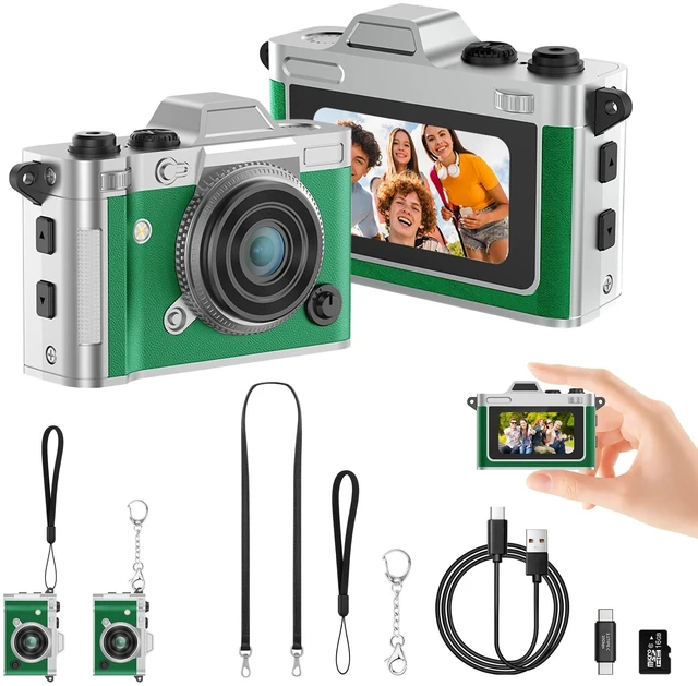 Main image of Retro Mini Digital Camera Keychain, 2K HD, 16GB Card, Green Leather-Wrapped Zinc Alloy Body, 2MP Photos, Built-In Flash, 6 Color Filters, OTG Transfer, For Travel, Vlogging And Memories