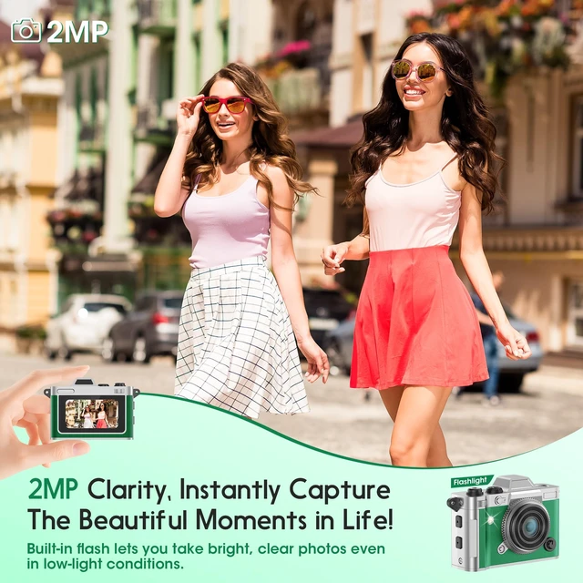 Alt view image 4 of 7 - Retro Mini Digital Camera Keychain, 2K HD, 16GB Card, Green Leather-Wrapped Zinc Alloy Body, 2MP Photos, Built-In Flash, 6 Color Filters, OTG Transfer, For Travel, Vlogging And Memories