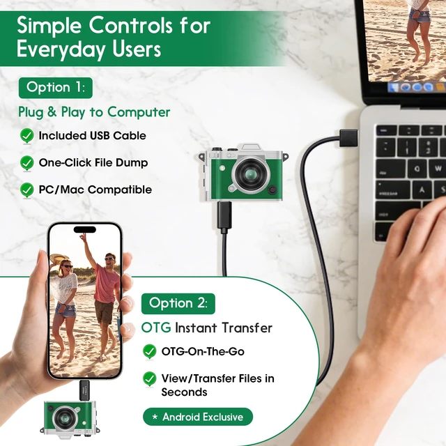 Alt view image 7 of 7 - Retro Mini Digital Camera Keychain, 2K HD, 16GB Card, Green Leather-Wrapped Zinc Alloy Body, 2MP Photos, Built-In Flash, 6 Color Filters, OTG Transfer, For Travel, Vlogging And Memories