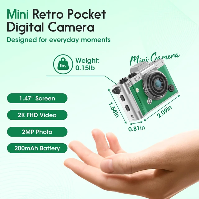 Alt view image 2 of 7 - Retro Mini Digital Camera Keychain, 2K HD, 16GB Card, Green Leather-Wrapped Zinc Alloy Body, 2MP Photos, Built-In Flash, 6 Color Filters, OTG Transfer, For Travel, Vlogging And Memories