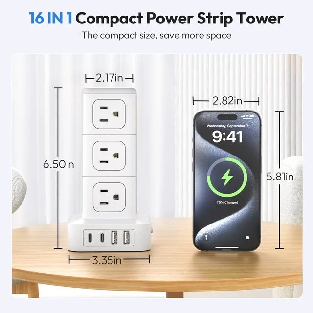 Alt view image 2 of 7 - Power Strip Tower with USB C Ports, 1080 Joules Surge Protector Tower, 1625W / 13A Overload Protection, 15 ft Extension Cord with Multiple Outlets, Power Outlet Tower for Home Office Dorm