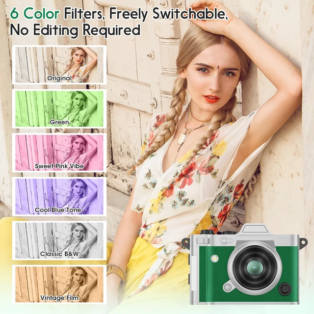 Alt view image 5 of 7 - Retro Mini Digital Camera Keychain, 2K HD, 16GB Card, Green Leather-Wrapped Zinc Alloy Body, 2MP Photos, Built-In Flash, 6 Color Filters, OTG Transfer, For Travel, Vlogging And Memories