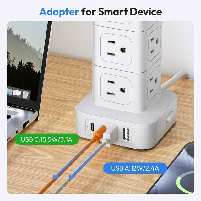 Alt view image 5 of 7 - Power Strip Tower with USB C Ports, 1080 Joules Surge Protector Tower, 1625W / 13A Overload Protection, 15 ft Extension Cord with Multiple Outlets, Power Outlet Tower for Home Office Dorm