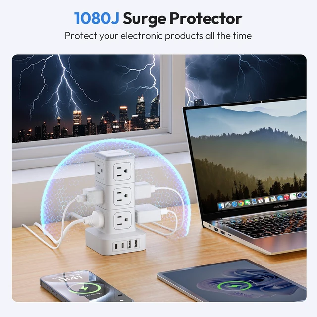 Alt view image 4 of 7 - Power Strip Tower with USB C Ports, 1080 Joules Surge Protector Tower, 1625W / 13A Overload Protection, 15 ft Extension Cord with Multiple Outlets, Power Outlet Tower for Home Office Dorm