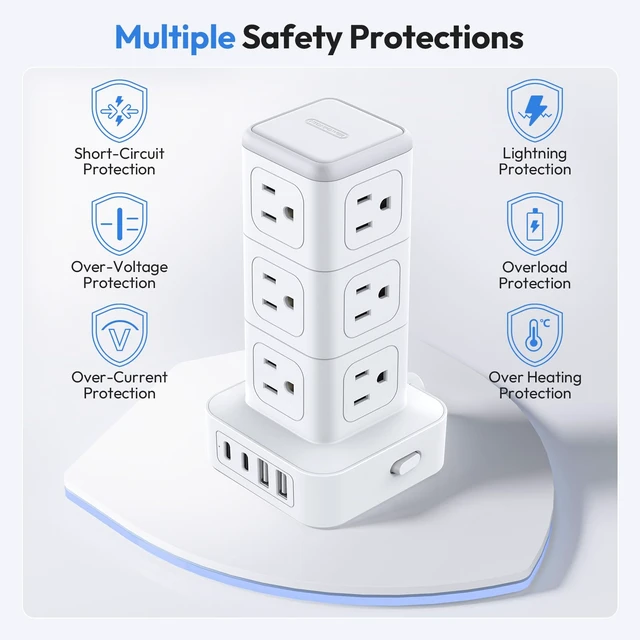 Alt view image 7 of 7 - Power Strip Tower with USB C Ports, 1080 Joules Surge Protector Tower, 1625W / 13A Overload Protection, 15 ft Extension Cord with Multiple Outlets, Power Outlet Tower for Home Office Dorm