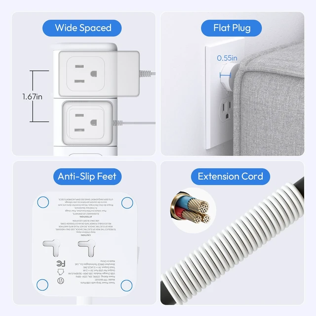 Alt view image 6 of 7 - Power Strip Tower with USB C Ports, 1080 Joules Surge Protector Tower, 1625W / 13A Overload Protection, 15 ft Extension Cord with Multiple Outlets, Power Outlet Tower for Home Office Dorm