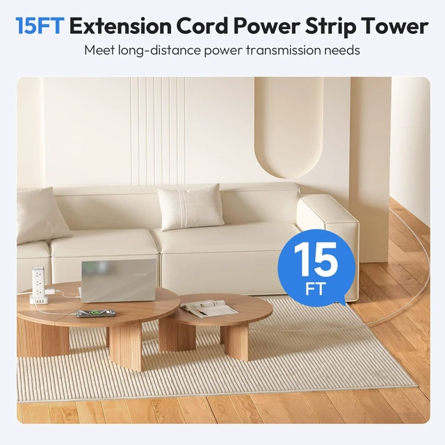 Alt view image 3 of 7 - Power Strip Tower with USB C Ports, 1080 Joules Surge Protector Tower, 1625W / 13A Overload Protection, 15 ft Extension Cord with Multiple Outlets, Power Outlet Tower for Home Office Dorm