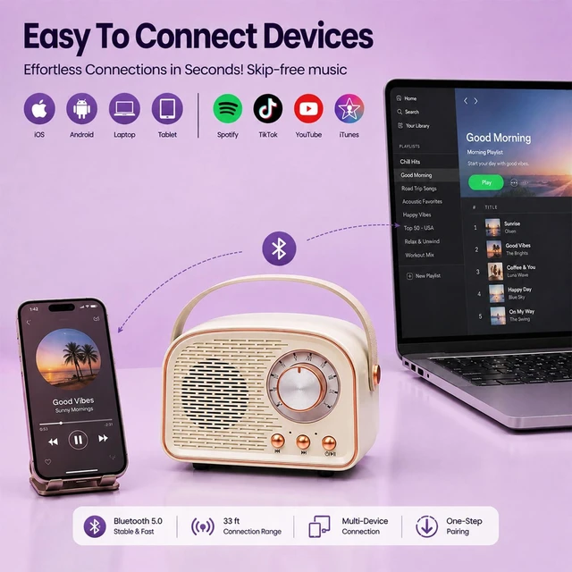 Alt view image 6 of 7 - Retro Bluetooth Speaker,Wireless Vintage Decor, White Best Birthday Gifts Ideas for Women Teenage Girl Supports TWS Pairing/U-Disk/TF Card/AUX for Home,Travel,Outdoor,desks