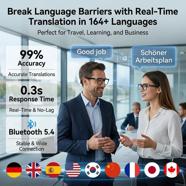 Alt view image 3 of 7 - AI Smart Translation Glasses with Speakers Bluetooth, 164 Language Translator, Photochromic Lenses, Adjustable Hinges, 170mAh Battery
