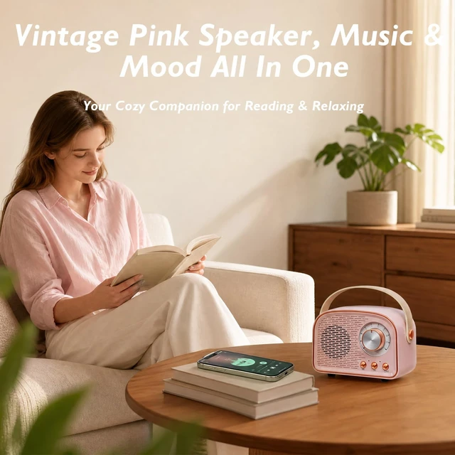 Alt view image 7 of 7 - Retro Bluetooth Speaker,Wireless Vintage Decor, Pink Best Birthday Gifts Ideas for Women Teenage Supports TWS Pairing/U-Disk/TF Card/AUX for Home,Travel