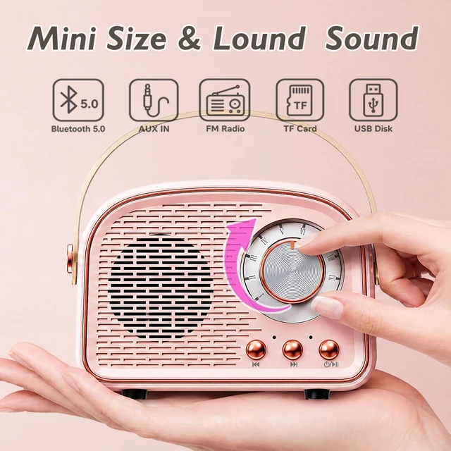 Alt view image 4 of 7 - Retro Bluetooth Speaker,Wireless Vintage Decor, Pink Best Birthday Gifts Ideas for Women Teenage Supports TWS Pairing/U-Disk/TF Card/AUX for Home,Travel