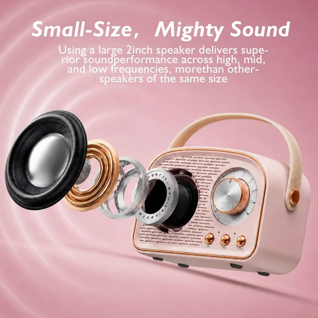 Alt view image 5 of 7 - Retro Bluetooth Speaker,Wireless Vintage Decor, Pink Best Birthday Gifts Ideas for Women Teenage Supports TWS Pairing/U-Disk/TF Card/AUX for Home,Travel