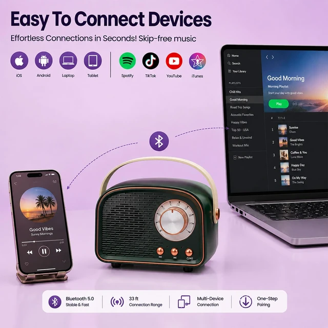 Alt view image 6 of 7 - Retro Bluetooth Speaker,Wireless Vintage Decor,Gifts Dark Green Best Birthday Gifts Ideas for Women Teenage Girl Supports TWS Pairing/U-Disk/TF Card/AUX for Home,Travel,Outdoor,desks