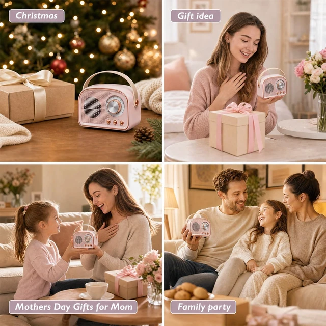 Alt view image 2 of 7 - Retro Bluetooth Speaker,Wireless Vintage Decor, Pink Best Birthday Gifts Ideas for Women Teenage Supports TWS Pairing/U-Disk/TF Card/AUX for Home,Travel
