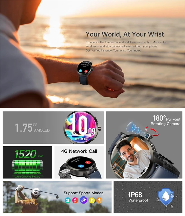 Alt view image 3 of 7 - 4G Smart Watch SL8541E Quad Core 2GB+16GB Rotating Camera Men Watch 1.75" AMOLED Large Screen Android 8.1 Smartwatch 1520mAh WiFi Bluetooth GPS Fitness Tracker Sport Watch (Black)