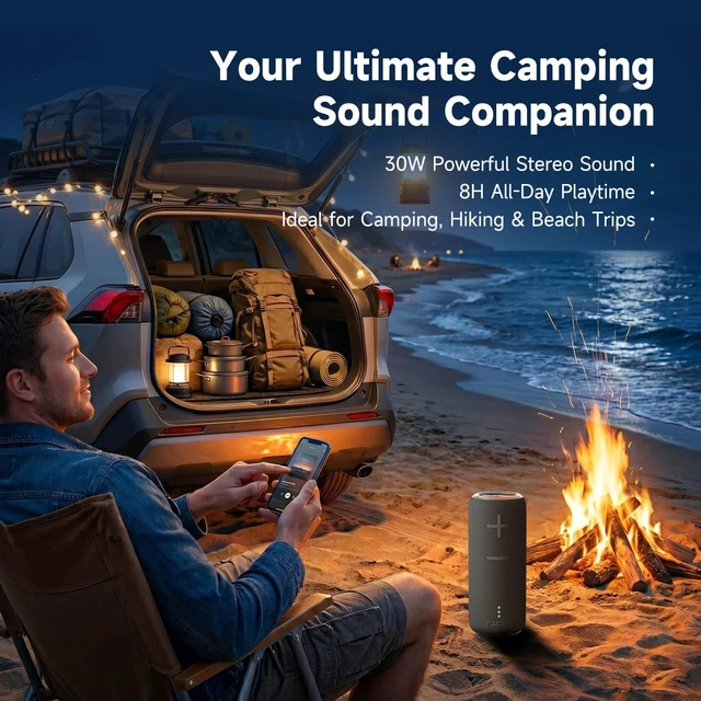 Alt view image 7 of 7 - Bluetooth Speakers, 30W Stereo HD Sound, Poratble Speaker for Bike IPX7 Waterproof, Big Audio, Bass, TWS Pairing, 8H, AUX, Blue tooth bocinas, Wireless Speaker for Home, Outdoor, Travel