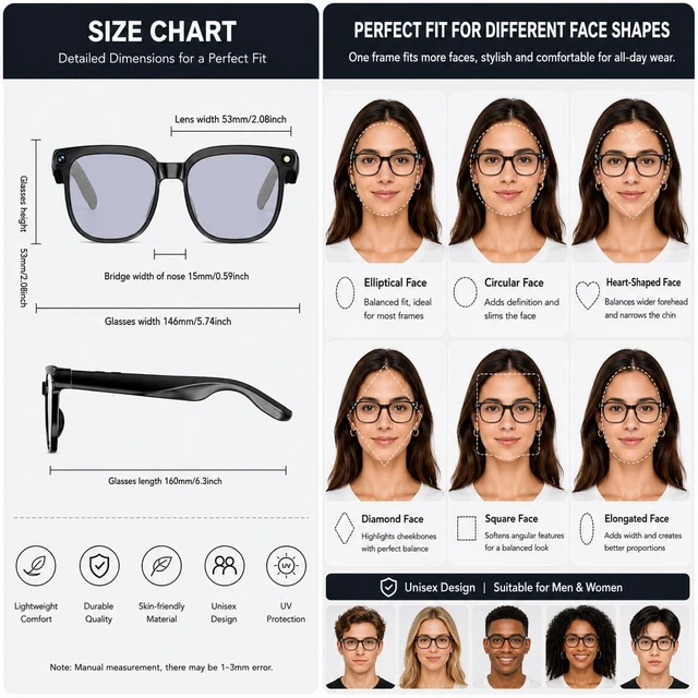 Alt view image 7 of 7 - AI Smart Glasses with Camera,800W Camera Glasses for Men and Women,Recording Glasses with Cameras,Replaceable Lenses/Real-Time Translation/Voice Control,Music Playback for Travel/Outdoor/Business