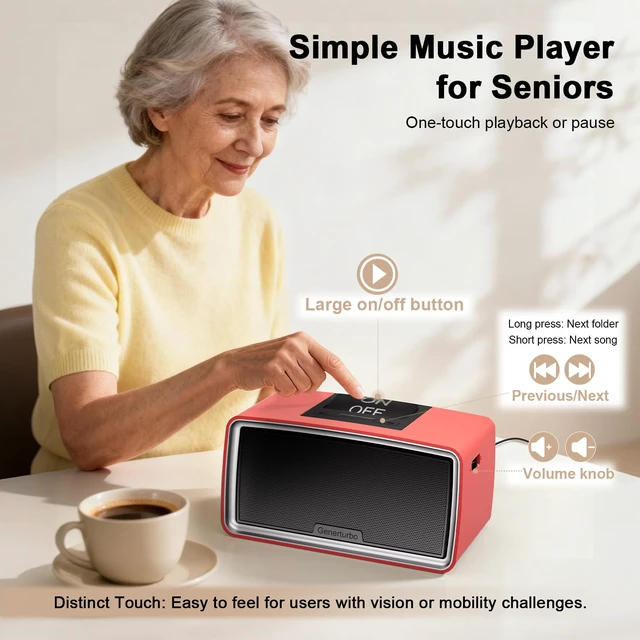 Alt view image 2 of 7 - Simple Music Player for Seniors & Elderly, MP3 Player with Large Button 32GB TF Card, Adjustable Volume, Playback Memory & One-Touch Play for Dementia, Alzheimer's & Visually Impaired, Red